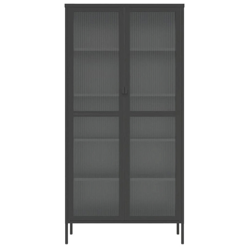 Black Highboard with Fluted Glass & Steel Frame, 33.5"×15.7"×70.9"