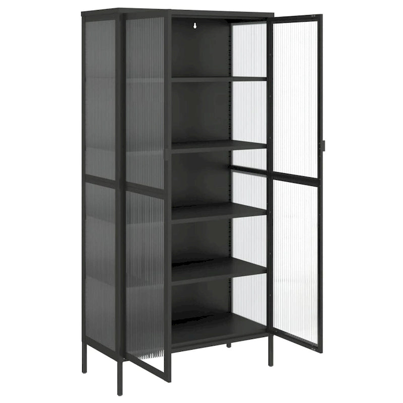 Black Highboard with Fluted Glass & Steel Frame, 33.5"×15.7"×70.9"