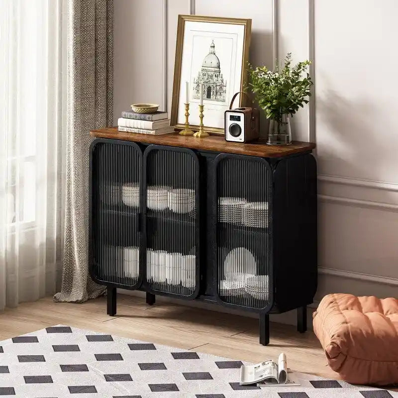 Vintage Accent Cabinet with Hazy Tempered Glass Door and Shelves, Kitchen Sideboard Buffet, Entry Cabinet