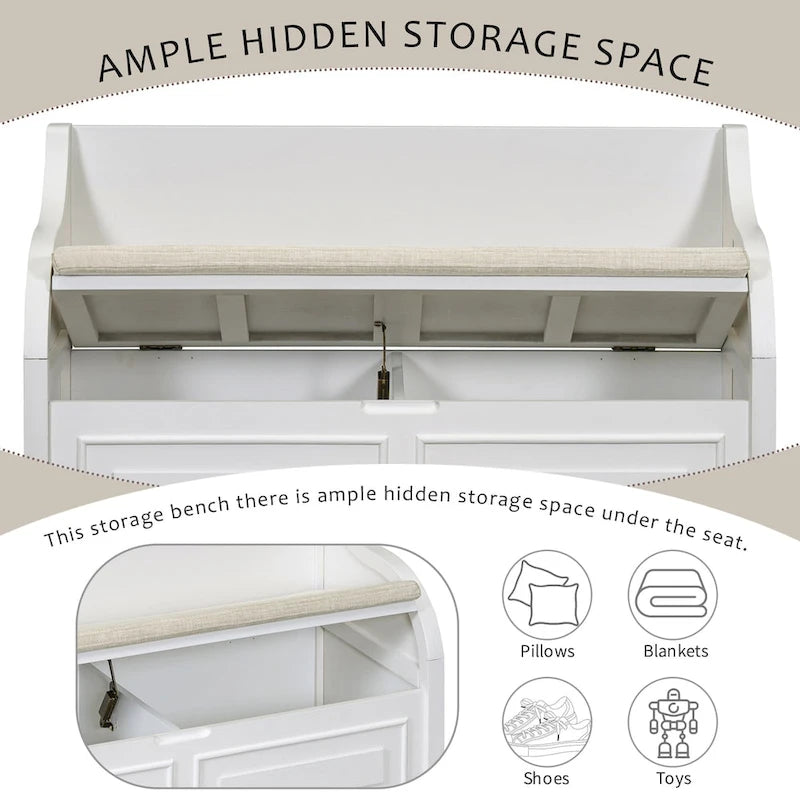 Rustic Style Solid wood Entryway Multifunctional Storage Bench with Safety Hinge