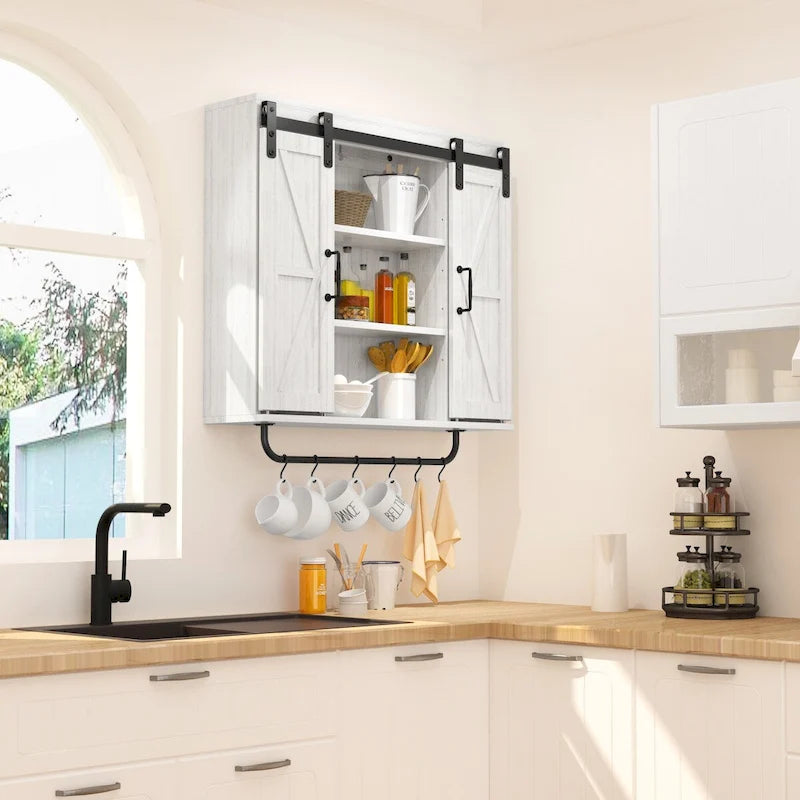 Rustic Wood Wall Storage Cabinet with Two Sliding Barn Door,3-Tier Decorative Farmhouse Vintage Cabinet for Kitchen Dining