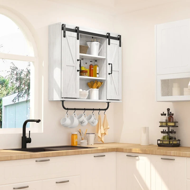 Rustic Wood Wall Storage Cabinet with Two Sliding Barn Door,3-Tier Decorative Farmhouse Vintage Cabinet for Kitchen Dining