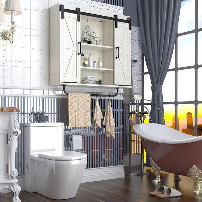 Rustic Wood Wall Storage Cabinet with Two Sliding Barn Door,3-Tier Decorative Farmhouse Vintage Cabinet for Kitchen Dining