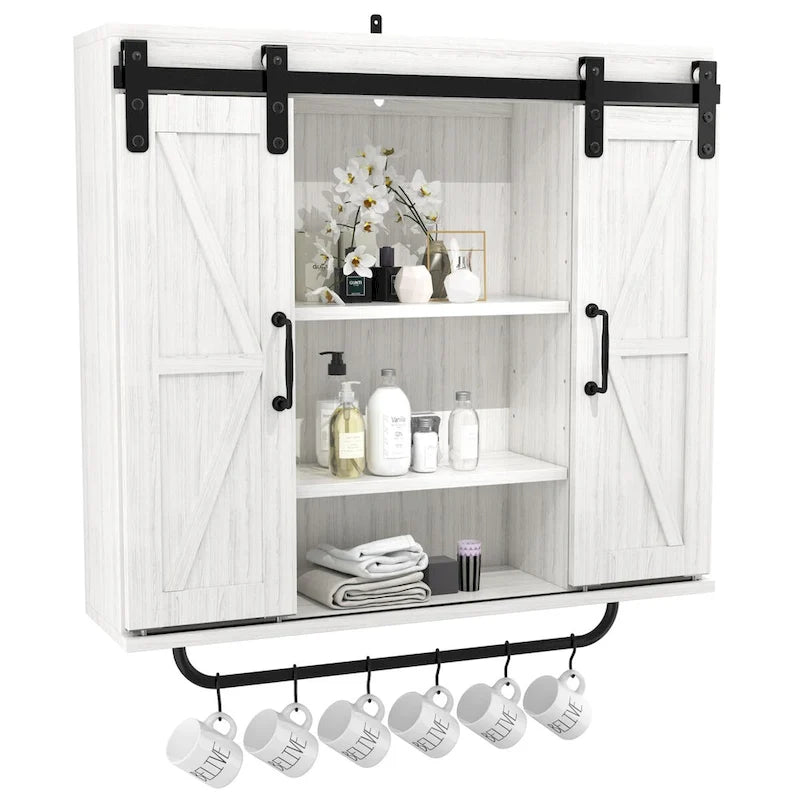 Rustic Wood Wall Storage Cabinet with Two Sliding Barn Door,3-Tier Decorative Farmhouse Vintage Cabinet for Kitchen Dining