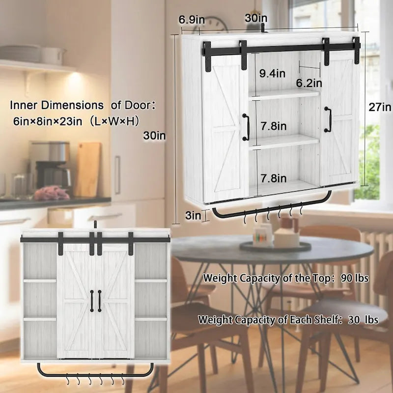 Rustic Wood Wall Storage Cabinet with Two Sliding Barn Door,3-Tier Decorative Farmhouse Vintage Cabinet for Kitchen Dining