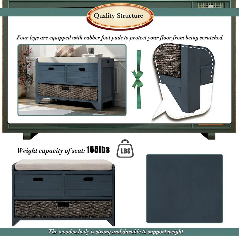 Storage Bench with Removable Basket and 2 Drawers, Fully Assembled Shoe Bench with Removable Cushion (White Washed)