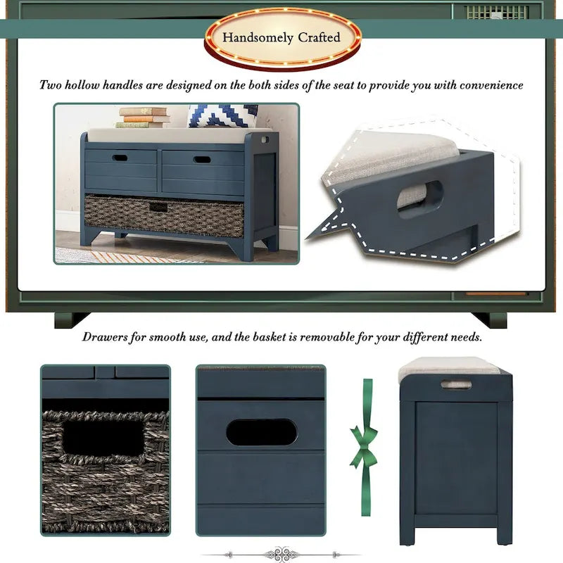 Storage Bench with Removable Basket and 2 Drawers, Fully Assembled Shoe Bench with Removable Cushion (White Washed)