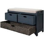 Storage Bench with Removable Basket and 2 Drawers, Fully Assembled Shoe Bench with Removable Cushion (White Washed)