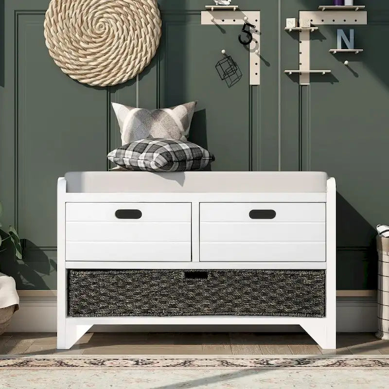 Storage Bench with Removable Basket and 2 Drawers, Fully Assembled Shoe Bench with Removable Cushion (White Washed)