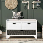 Storage Bench with Removable Basket and 2 Drawers, Fully Assembled Shoe Bench with Removable Cushion (White Washed)