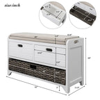 Storage Bench with Removable Basket and 2 Drawers, Fully Assembled Shoe Bench with Removable Cushion (White Washed)