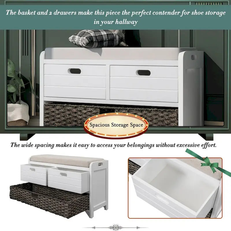 Storage Bench with Removable Basket and 2 Drawers, Fully Assembled Shoe Bench with Removable Cushion (White Washed)