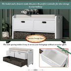 Storage Bench with Removable Basket and 2 Drawers, Fully Assembled Shoe Bench with Removable Cushion (White Washed)