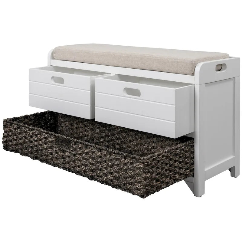 Storage Bench with Removable Basket and 2 Drawers, Fully Assembled Shoe Bench with Removable Cushion (White Washed)