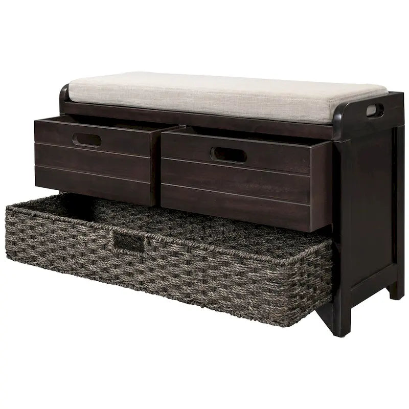 Storage Bench with Removable Basket and 2 Drawers, Fully Assembled Shoe Bench with Removable Cushion (White Washed)