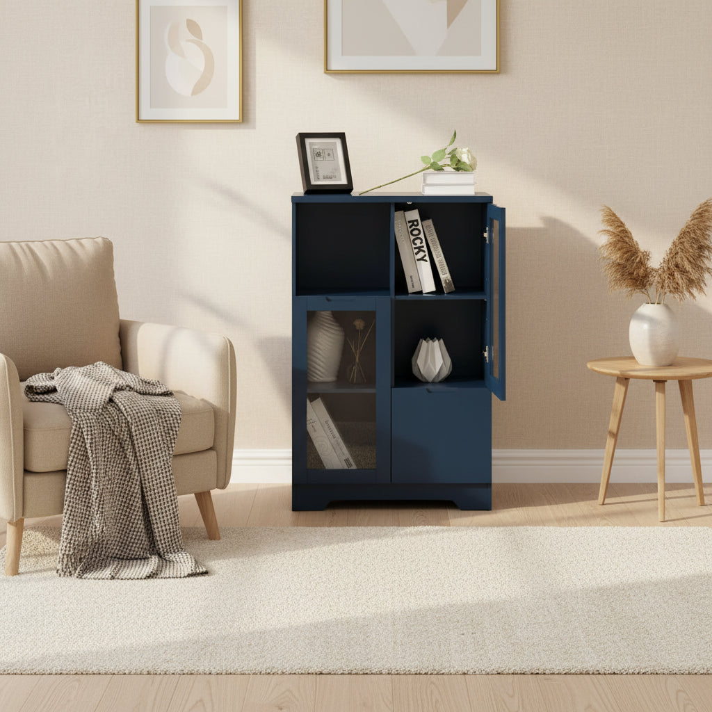 Wooden Floor Cabinet with 2 Glass Doors and 2 Storage Space,Living Room Bathroom Entryway