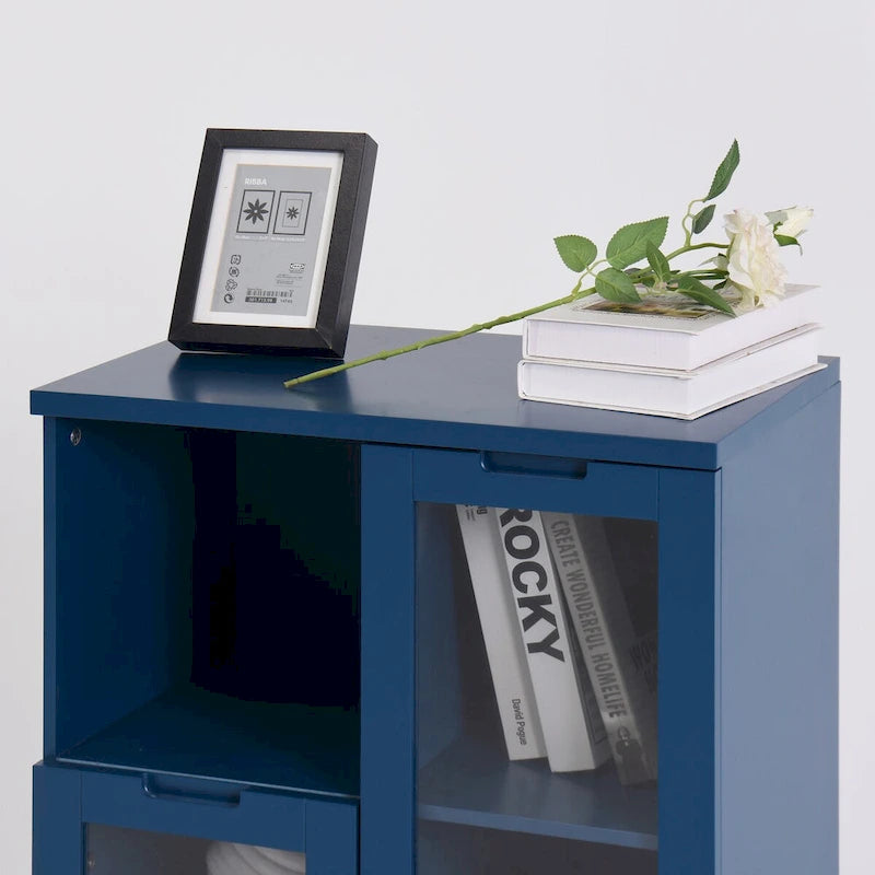 Wooden Floor Cabinet with 2 Glass Doors and 2 Storage Space,Living Room Bathroom Entryway