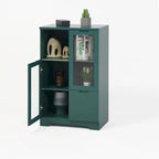 Wooden Floor Cabinet with 2 Glass Doors and 2 Storage Space,Living Room Bathroom Entryway