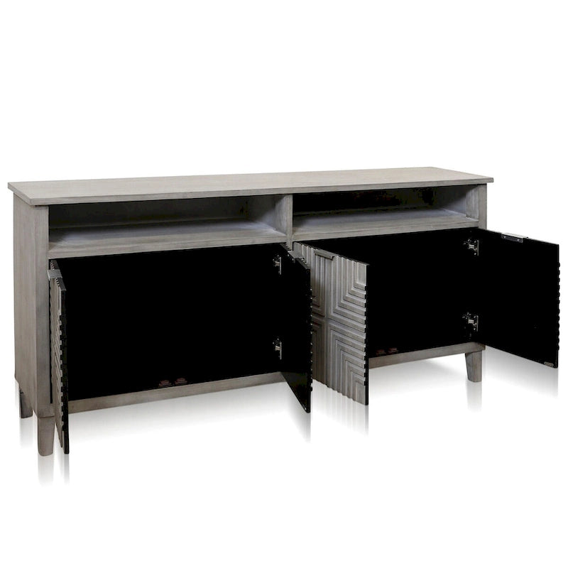Quadrant Credenza - Four Geometric Patterned Doors - Brushed Gray Finish