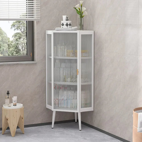22.25 Floor Coner Cabinet,Three Tiers with Tempered Glass Doors and Storage Shelves
