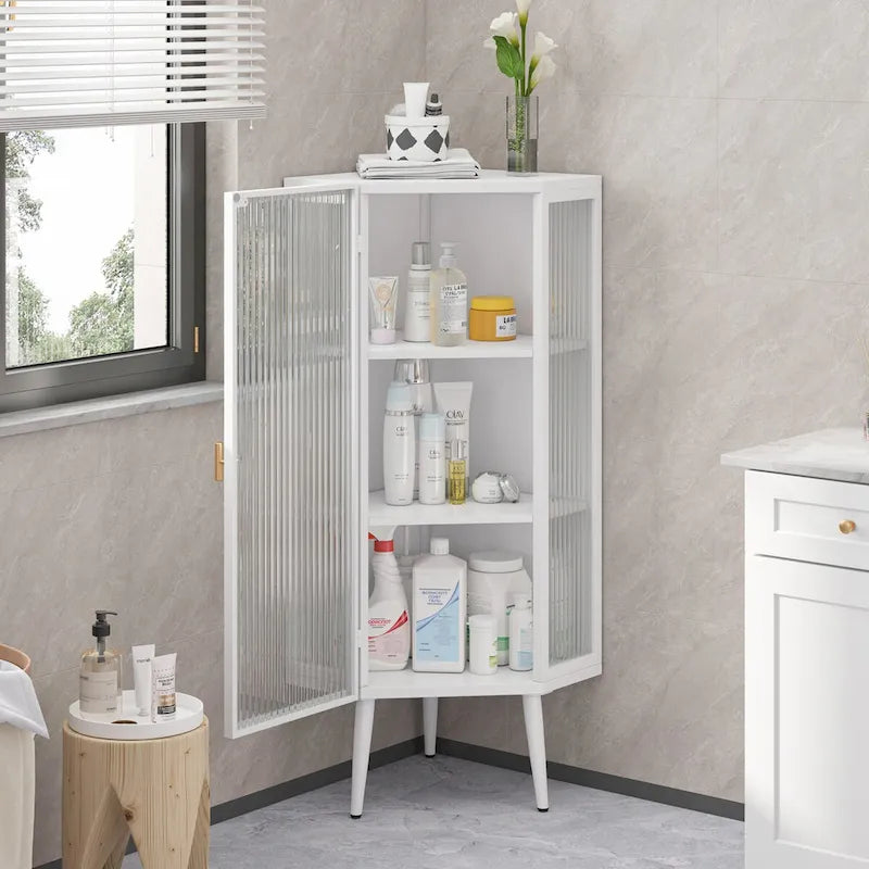 22.25 Floor Coner Cabinet,Three Tiers with Tempered Glass Doors and Storage Shelves