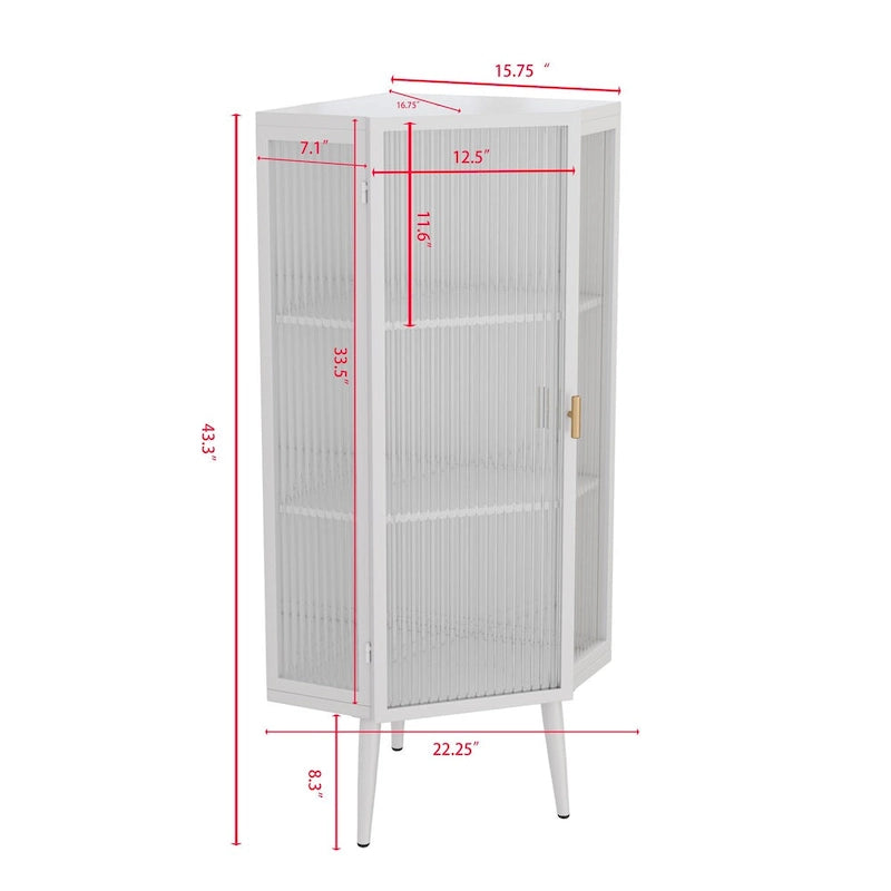 22.25 Floor Coner Cabinet,Three Tiers with Tempered Glass Doors and Storage Shelves