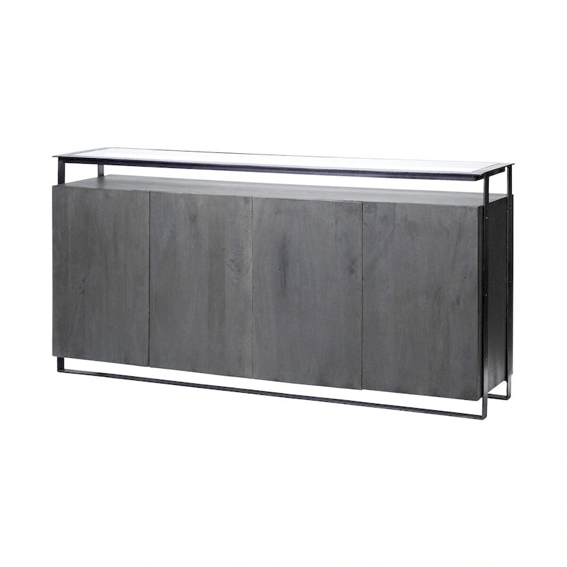 Dark Brown Glass Top 4-Door Sideboard with Metal Frame – 72"L x 18"W x 35.8"H