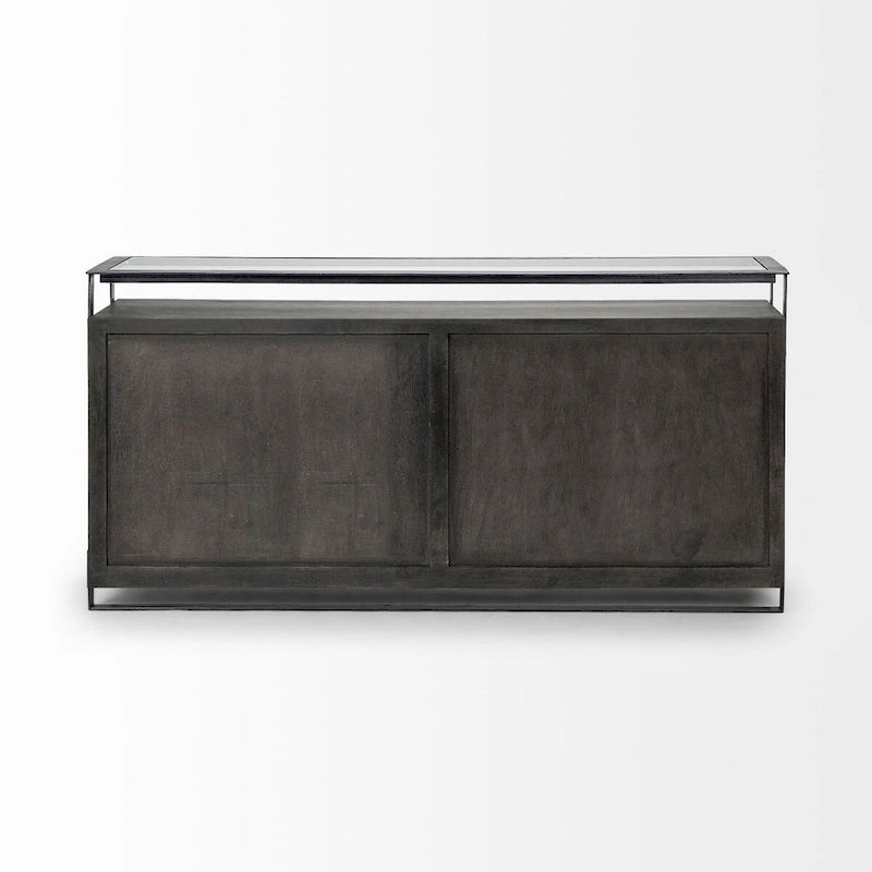 Dark Brown Glass Top 4-Door Sideboard with Metal Frame – 72"L x 18"W x 35.8"H