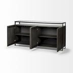 Dark Brown Glass Top 4-Door Sideboard with Metal Frame – 72"L x 18"W x 35.8"H
