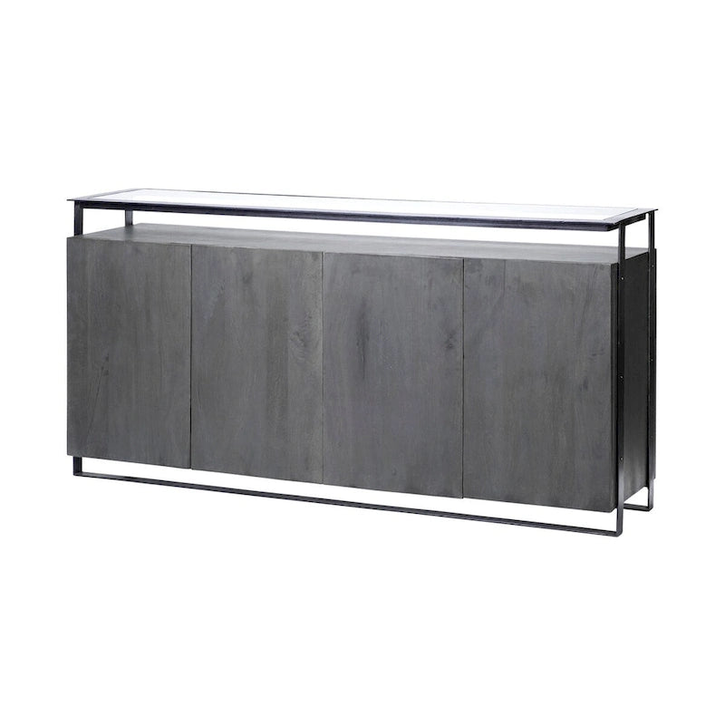 Dark Brown Glass Top 4-Door Sideboard with Metal Frame – 72"L x 18"W x 35.8"H