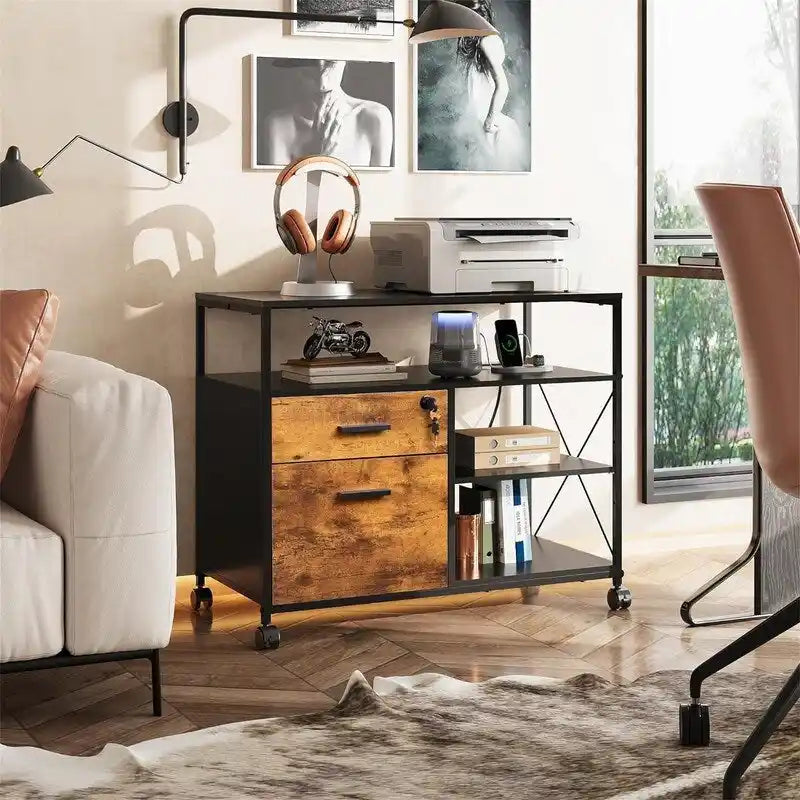 2 Drawer Locking File Cabinet with Charging Station - 15.7D x 31.7W x 26.1H