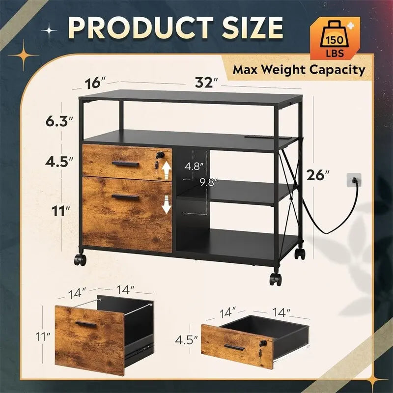 2 Drawer Locking File Cabinet with Charging Station - 15.7D x 31.7W x 26.1H