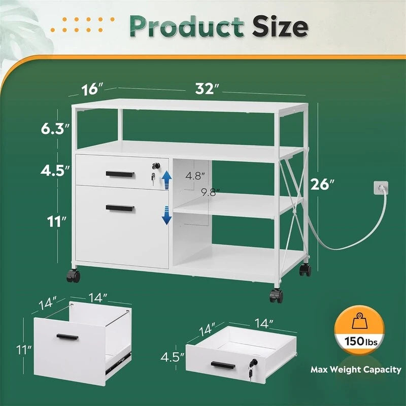 2 Drawer Locking File Cabinet with Charging Station - 15.7D x 31.7W x 26.1H