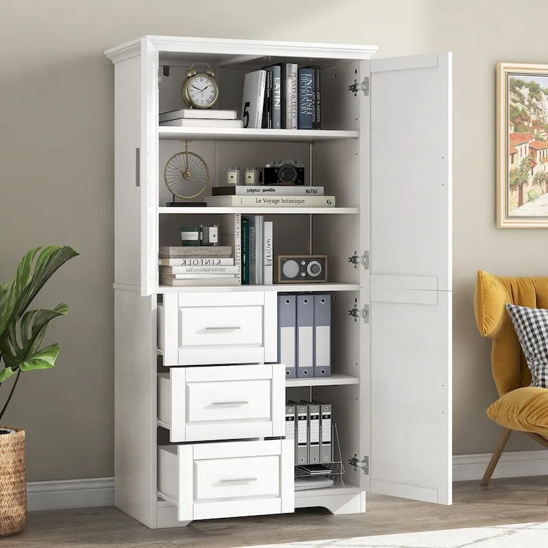 Tall and Wide Storage Cabinet with Doors for Bathroom/Office, Three Drawers