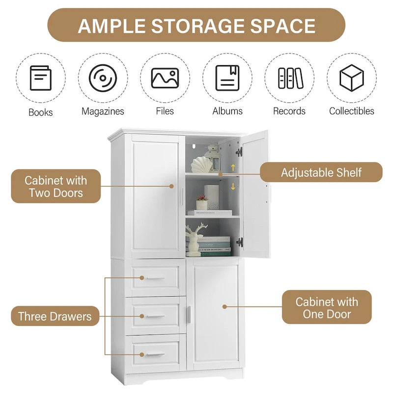 Tall and Wide Storage Cabinet with Doors for Bathroom/Office, Three Drawers