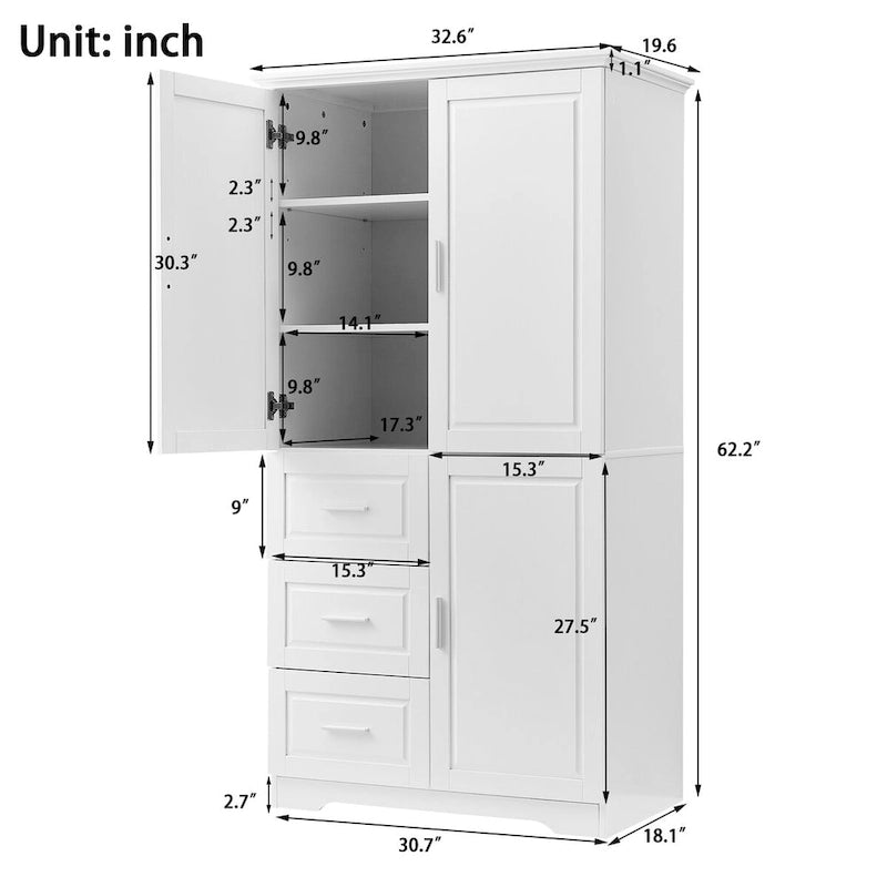 Tall and Wide Storage Cabinet with Doors for Bathroom/Office, Three Drawers