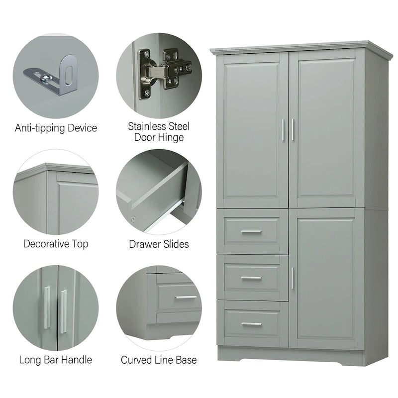 Tall and Wide Storage Cabinet with Doors for Bathroom/Office, Three Drawers