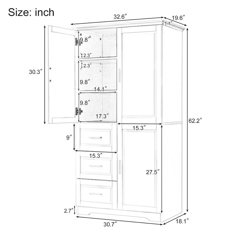 Tall and Wide Storage Cabinet with Doors for Bathroom/Office, Three Drawers