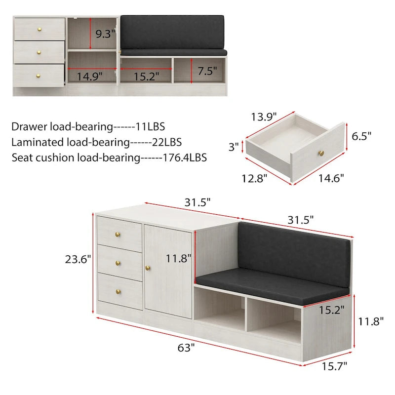 White Shoe Bench with Black Cushion and Adjustable Storage Drawers