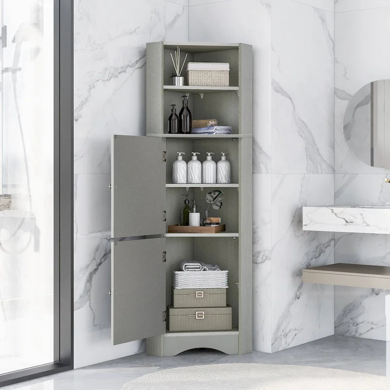 Tall Freestanding Bathroom Corner Cabinet with Doors and Adjustable Shelves