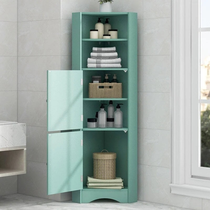 Tall Freestanding Bathroom Corner Cabinet with Doors and Adjustable Shelves