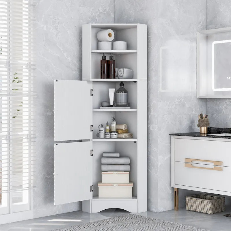 Tall Freestanding Bathroom Corner Cabinet with Doors and Adjustable Shelves