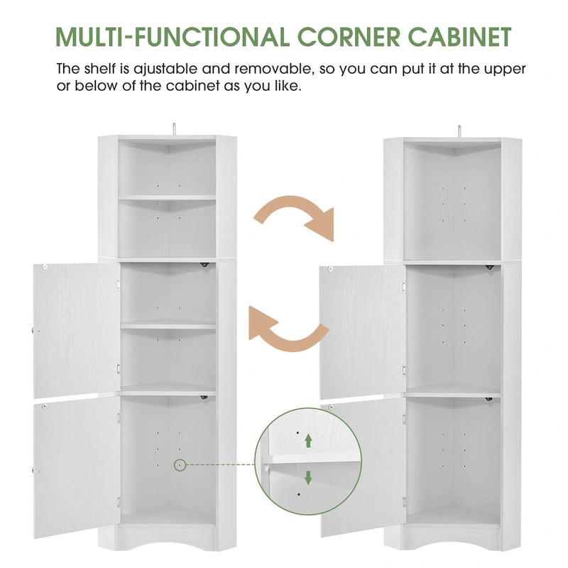 Tall Freestanding Bathroom Corner Cabinet with Doors and Adjustable Shelves