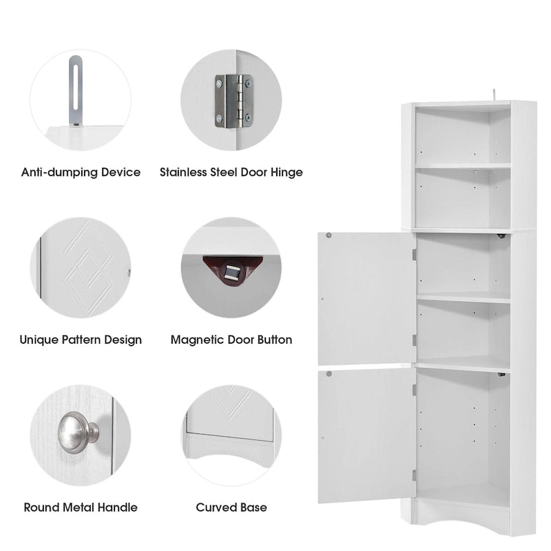 Tall Freestanding Bathroom Corner Cabinet with Doors and Adjustable Shelves
