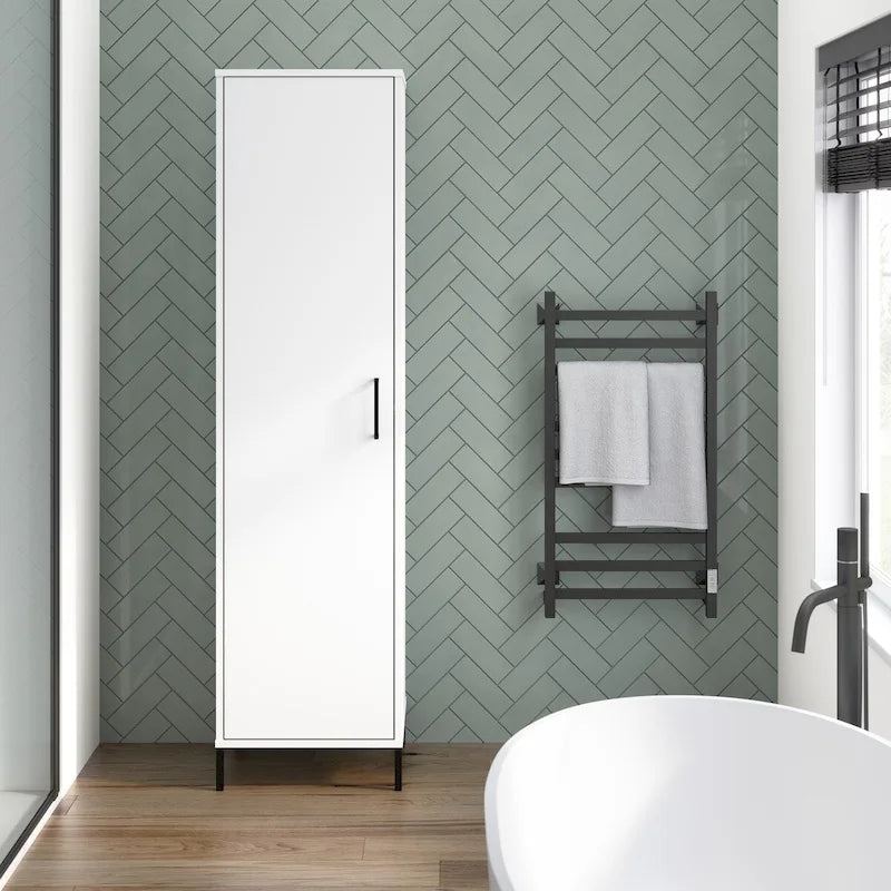 White Narrow Bathroom Storage Cabinet, Single Door, 4-Shelf