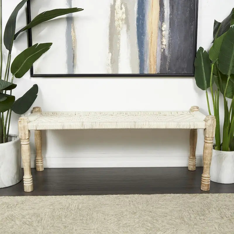 Beige Chevron Woven Bench with Mango Wood Legs – 2-Seat