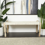 Beige Chevron Woven Bench with Mango Wood Legs – 2-Seat