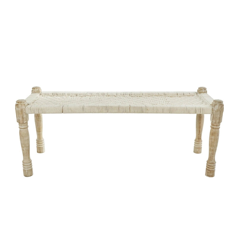 Beige Chevron Woven Bench with Mango Wood Legs – 2-Seat