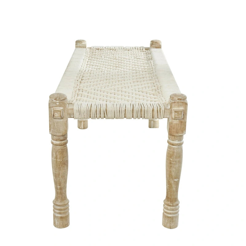 Beige Chevron Woven Bench with Mango Wood Legs – 2-Seat