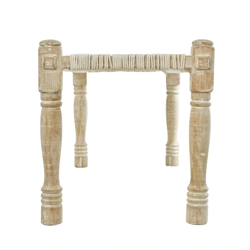 Beige Chevron Woven Bench with Mango Wood Legs – 2-Seat